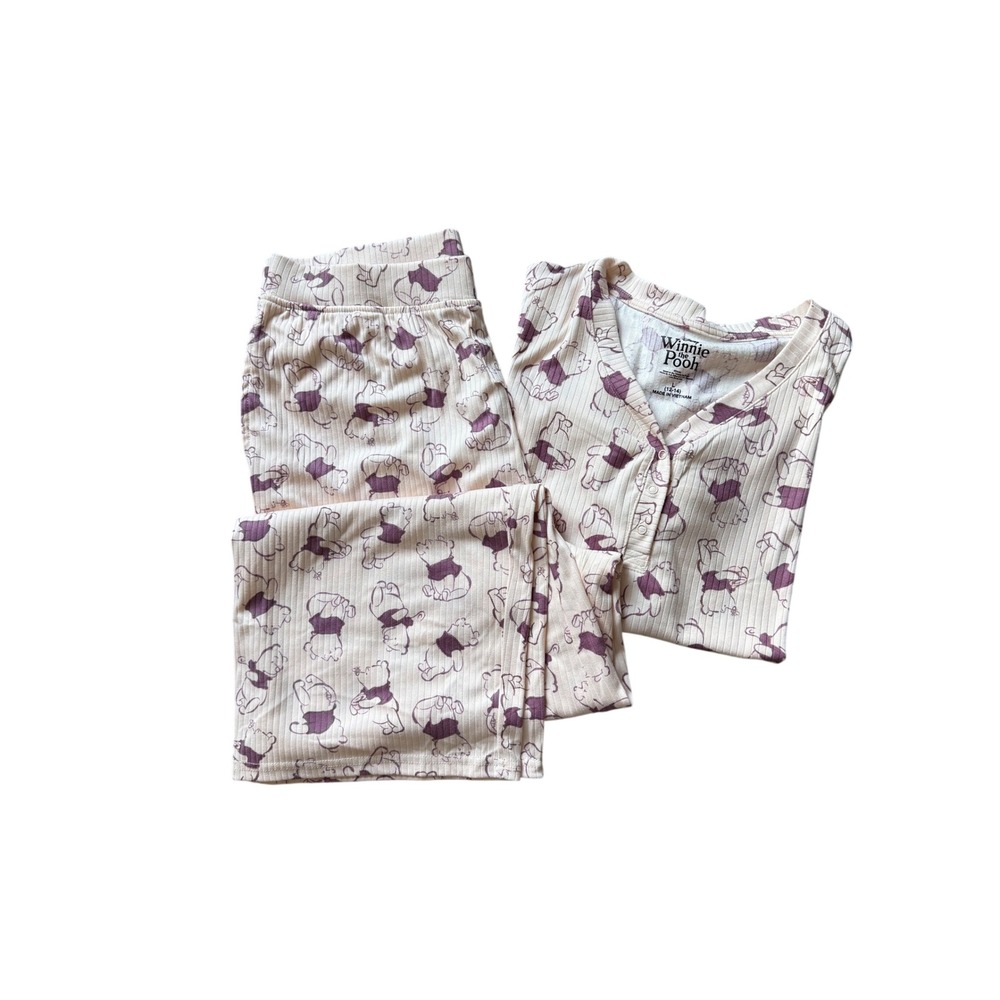 Disney Winnie the Pooh Pajama Set Womens Large Peach Purple Ribbed Henley 2PC